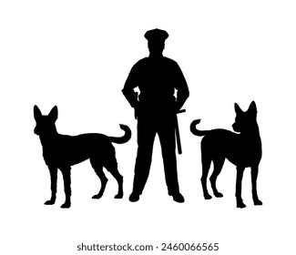 Policía de pie entre dos perros policía siluetas negras.