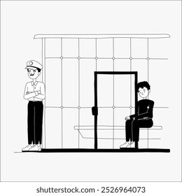 Policeman standing beside man in prison cell in flat vector illustration symbolizing law enforcement, incarceration, and justice system, isolated on white background.