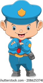 The policeman is standing with a cool pose of illustration