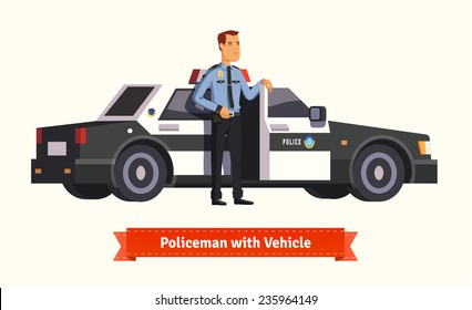 Policeman standing in front of his car. Opened with money inside. Flat style illustration. EPS 10 vector. 