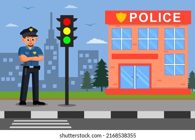 Policeman Standing In Front Of Police Station Cartoon Illustration