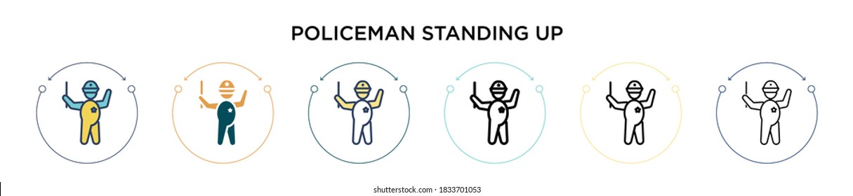 Policeman standing up icon in filled, thin line, outline and stroke style. Vector illustration of two colored and black policeman standing up vector icons designs can be used for mobile, ui, web