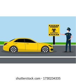 El policía detiene el auto. No dejes pasar. Cuarentena de advertencia de símbolo