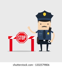 Policeman with stop sign and no entry.