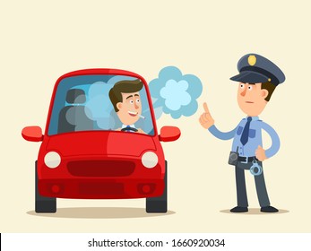 A Policeman Stopped Car With Smoking Driver At The Wheel. Smoking Marijuana At The Wheel, Driver Is Under Influence Of Drugs. Drugged Driver. Vector Illustration, Flat Design, Cartoon Style, Isolated.