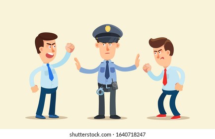 The policeman stopped conflicts between the two fighting men. Police officer broke up a violent fight, fistfight. Vector illustration, flat design, cartoon style. Isolated background.