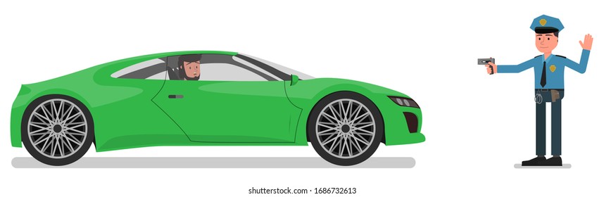Ein Polizist hält ein Auto an, das den Fahrer mit einer Waffe bedroht. Vektorillustration, Flachdesign-Stil. Einzeln auf weißem Hintergrund.