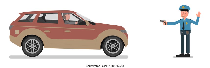 Un policía detiene un camión amenazando al conductor con un arma. Ilustración vectorial, estilo de diseño plano. Aislado sobre un fondo blanco.