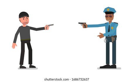 Un policía y un sospechoso se apuntan con pistolas. Un policía arresta a un criminal. Ilustración vectorial, estilo de diseño plano. Aislado sobre un fondo blanco.