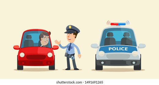 Policeman talking to a driver. Tourist by car asks for help from a police officer. Vector illustration, flat design, cartoon style. Isolated background. Front view.