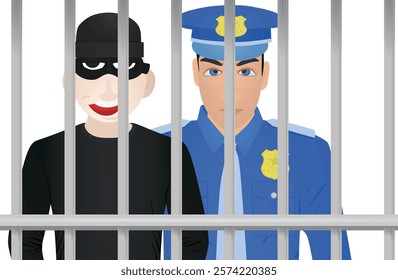 Policeman with thief in prison. vector