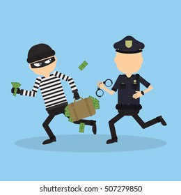 Policeman tries to chase a thief. Funny cartoon character.Concept of heist, crime, hacking and more.