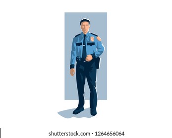 Policeman in trousers, shirt and tie with a police badge, stands and holds on to his belt. Vector illustration.