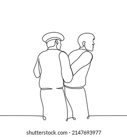 policeman twists man's arms behind his back - one line drawing vector. concept of the arrest of criminal by male policeman, detention of a citizen
