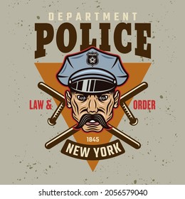 Policeman, two crossed batons and text police department. Vector illustration in colorful cartoon style on light background with removable grunge textures