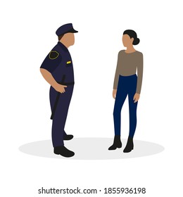 Policeman in uniform and female character together on white background