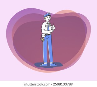 Policeman in uniform flat vector illustration. Male professional character. Police, career, job and work concept