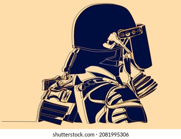 Policía uniformado, casco, máscara de gas dibujando diseño de arte creativo. Dibujo artístico de la policía va a intervenir en los disturbios.