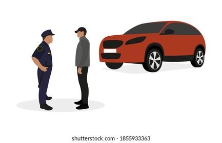 Policeman in uniform, male character and car on white background
