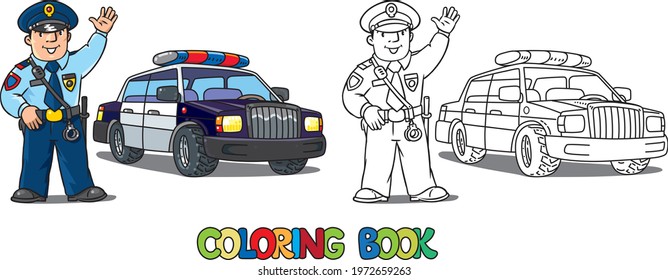 Policeman in uniform and police car. Coloring book