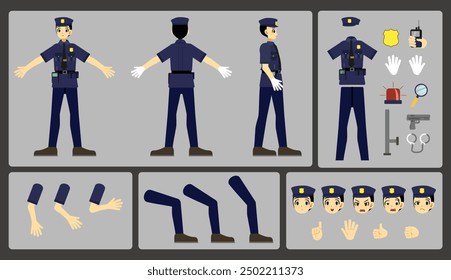 Polizist in Uniform, Vektorgrafik. Ideal für Sicherheitspatrouillen und Designs zum Thema Strafverfolgung. Der Polizist zeigt verschiedene Gesichtsausdrücke und enthält Elemente, die mit Polizeiaufgaben zusammenhängen.