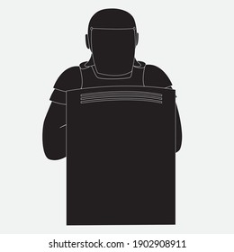 Policeman in uniform with a shield. Vector isolated silhouette black and white icon.