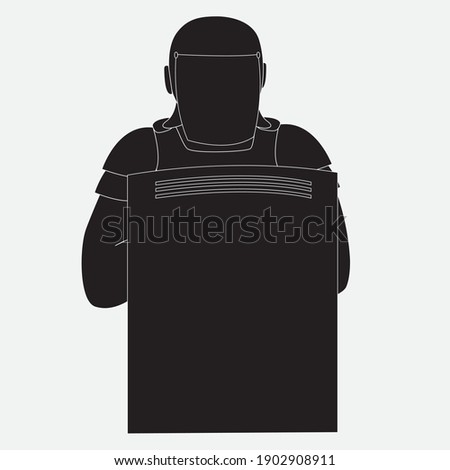 Policeman in uniform with a shield. Vector isolated silhouette black and white icon.