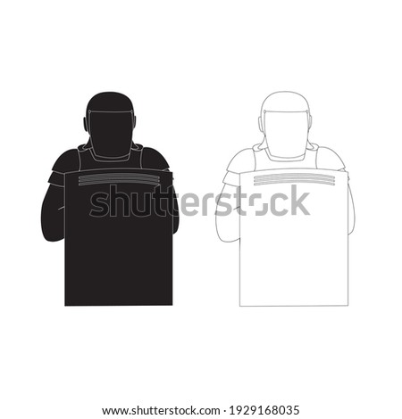 Policeman in uniform with a shield. Vector isolated silhouette and linear black and white icons.