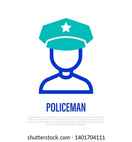 Policeman in uniform thin line icon. Vector illustration of professional occupation.
