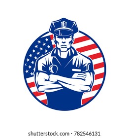 policeman in uniform, wearing a cap on the background of the USA flag in a circle