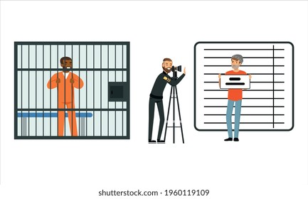 Policeman in Uniform Working at Police Station Set, Police Officer Photographing Arrested Criminal, Prison Cell with Prisoner Cartoon Vector Illustration