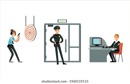 Policeman In Uniform Working At Police Station Set, Detective Investigating Crime, Trained In Shooting Cartoon Vector Illustration