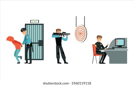 Policeman In Uniform Working At Police Station Set, Police Officer Arrested Criminal, Detective Investigating Crime, Trained In Shooting Cartoon Vector Illustration