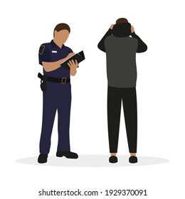 Polizist in einheitlicher Schrift auf einem Blatt Papier und ein männlicher Charakter, der eine Kapuze auf weißem Hintergrund zusammenlegt
