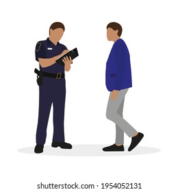 Policías con uniforme escribiendo sobre papel y personaje masculino juntos con fondo blanco