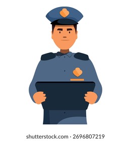 Policeman using tablet, showcasing integration of technology in law enforcement for enhanced security and efficiency