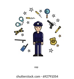 Policeman. Vector isolated on white background illustration.Set of vector isolated line filled icons. Pixel Perfect. For web design and presentations, site