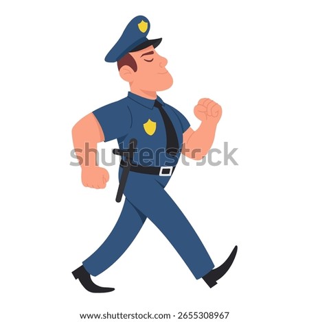 Policeman walks confidently. Flat vector law enforcement officer isolated on white background. Character for posters, infographics and educational materials