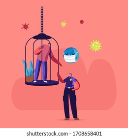 Policeman Warning Male Character Sitting inside of Bird Cage during Covid19 Pandemic Quarantine Self Isolation. Police Patrol Control People at Home due to Virus Spreading. Cartoon Vector Illustration