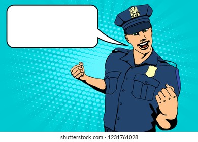 Policeman Waving His Fists. Retro Style Pop Art. Vector Illustration