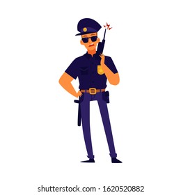 A policeman wearing a dark uniform with a weapon. Cartoon character flat vector illustration isolated on white background. Police officer, professional security and guard.