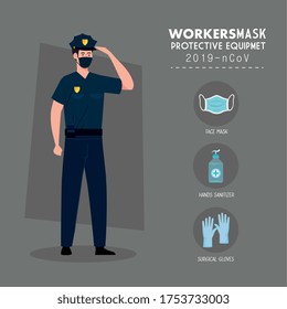 policeman wearing face mask during covid 19 with protective equipment for prevention coronavirus vector illustration design