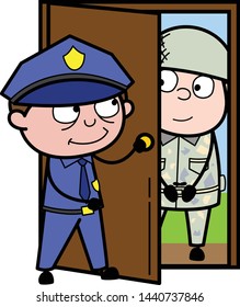 Policeman Welcoming a Soldier - Retro Cop Policeman Vector Illustration