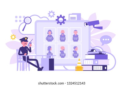 Policeman working in a police station office. Male officer sitting at workplace, professional symbols and tools design, wanted poster with criminals. Vector abstract illustration, faceless characters
