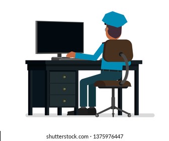 The policeman works at the computer. Vector illustration, flat style drawing. Isolated on a white background. Vector stock illustration.