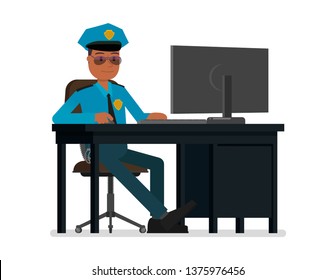 The policeman works at the computer. Vector illustration, flat style drawing. Isolated on a white background.