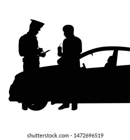 Policeman writes the order bill for man silhouette vector