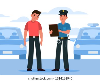 Policeman writes a ticket. Police officer in uniform writing a violation fine to automobile driver on city road or parking lot. Traffic safety control car inspection,  flat vector cartoon concept.