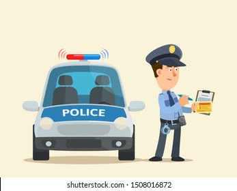 Policeman writing a fine penalty document. Cop standing near the patrol car and holding pen and penalty ticket form documents. Vector illustration, flat design, cartoon style. Isolated background.