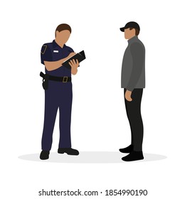 Policeman writing on sheet of paper and male character on white background